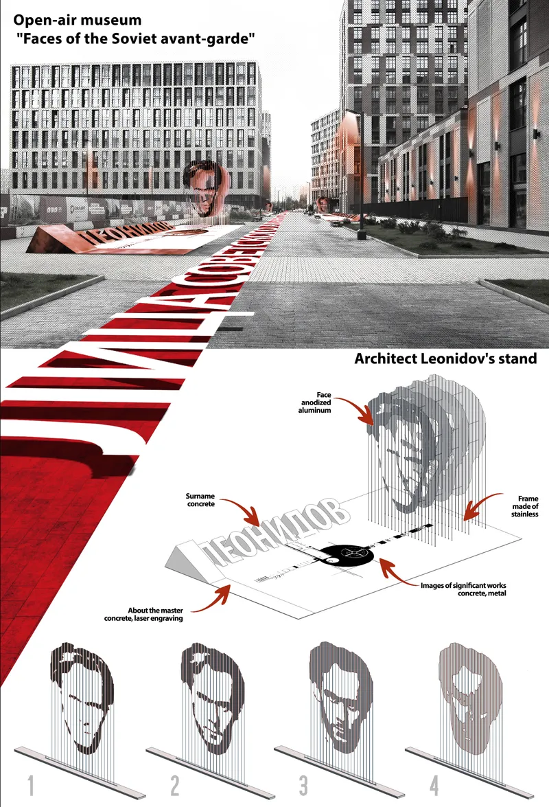 Open-air museum installation transforms the streetscape into a public exhibition celebrating Soviet avant-garde architects