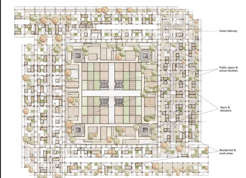 Floor plan organizing residential modules, shared facilities, circulation cores, and green balconies.