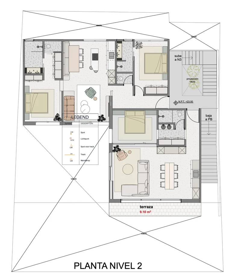 Second level floor plan drawing showing two residential units with bedrooms, living areas, and terraces
