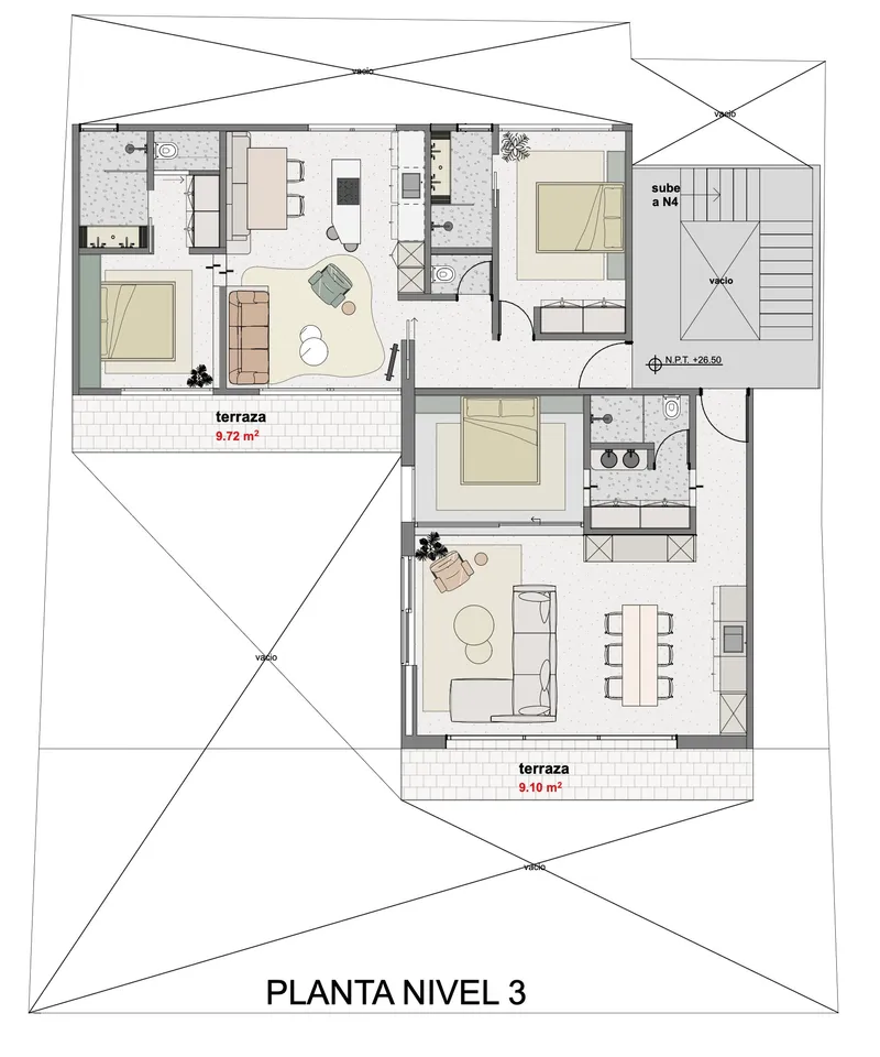 Third level floor plan drawing showing two residential units with terraces beneath sloped roof outlines