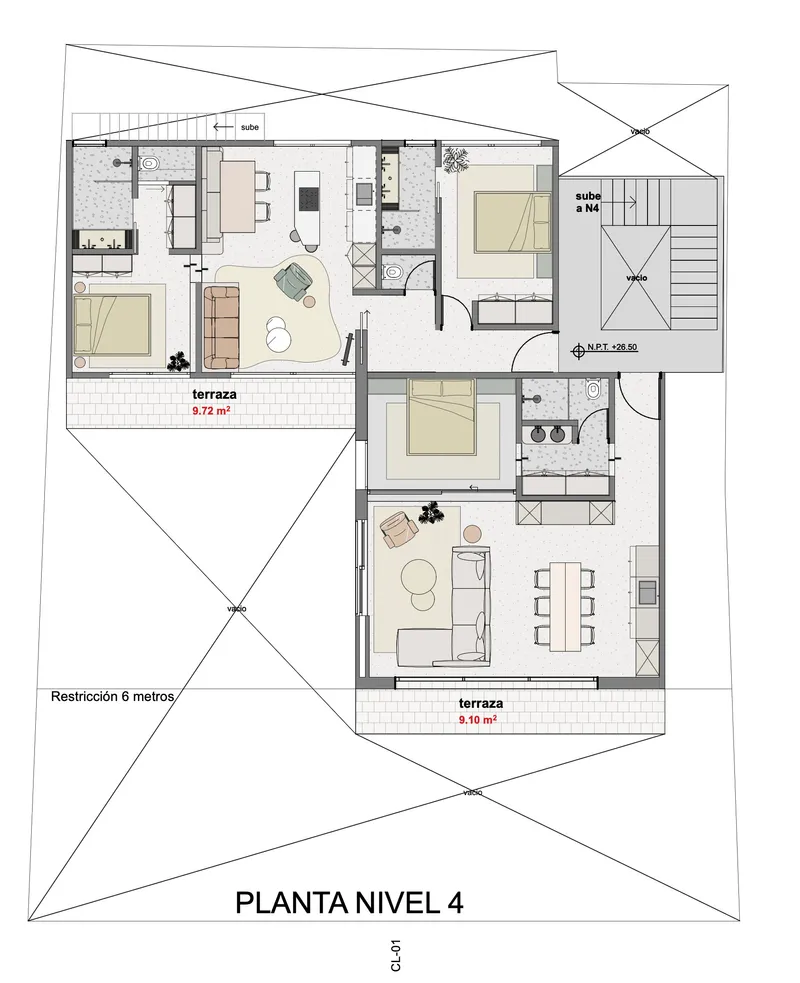Fourth level floor plan drawing showing two residential units with terraces and setback restrictions noted