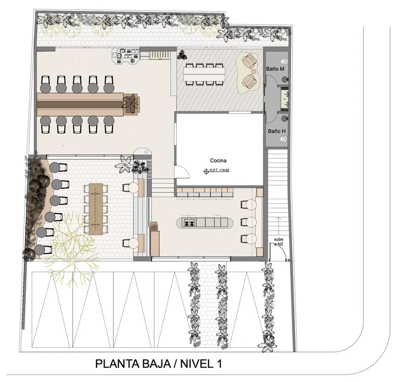 Ground floor plan drawing showing restaurant dining areas, kitchen, bathrooms, and landscaped terrace