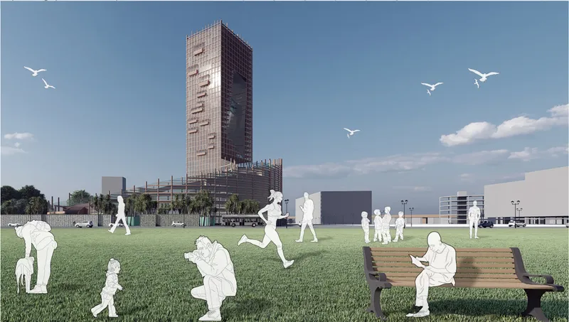 The skyscraper forms a vertical landmark while maintaining a strong visual relationship with the surrounding public landscape.