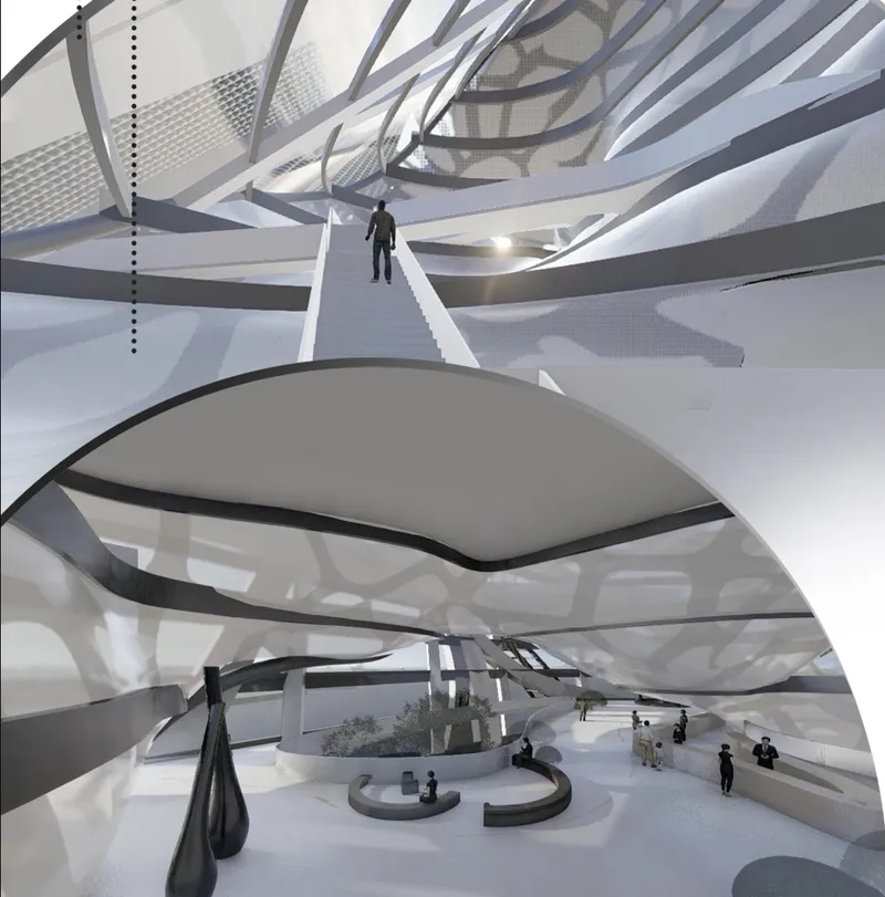 Organic interior circulation shaped by flowing forms and a continuous central courtyard.