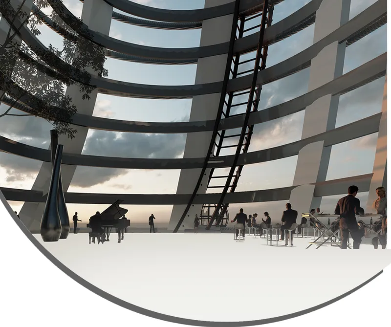 Rooftop social space framed by the exposed structural exoskeleton and panoramic views.