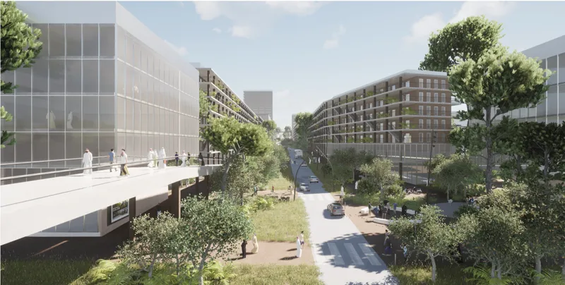 A resilient urban corridor combines housing, greenery, pedestrian bridges, and civic facilities for earthquake-ready city life.