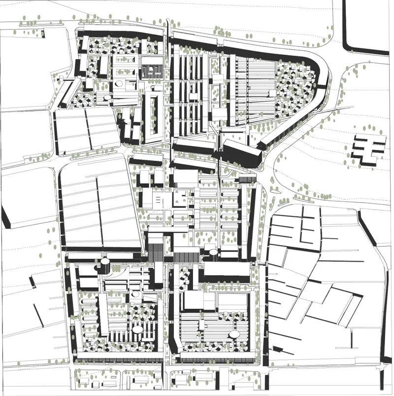 The masterplan organizes housing, civic functions, green areas, and evacuation routes into a compact resilient city fabric.