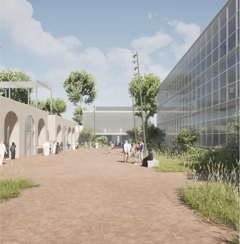 The university and bazaar zone forms an active public spine within the earthquake-resistant district.