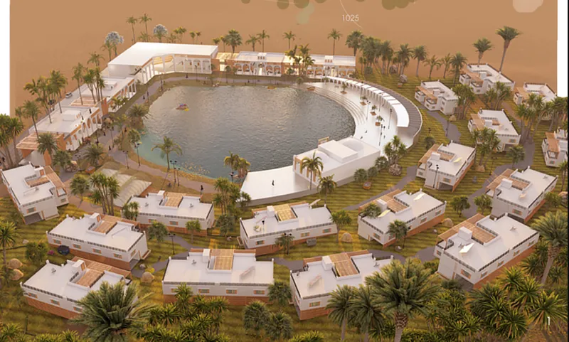Masterplan view of AL-JANNAH, organized around a central oasis, housing clusters, greenery, and shared community spaces.