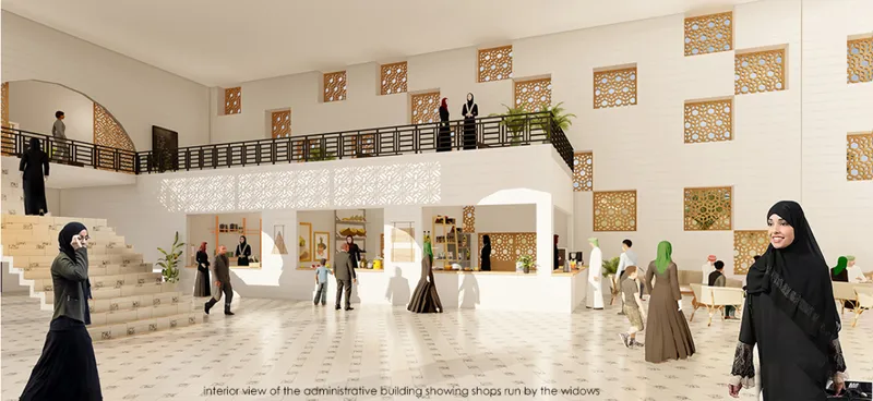 Administrative building interior featuring community gathering areas, patterned screens, and shops operated by resident women.
