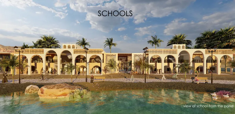 Schools overlooking the central pond, with shaded arcades, landscaped surroundings, and indoor-outdoor learning spaces.