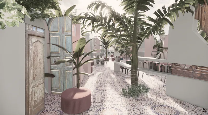 Historic doors and integrated bookshelves shape a shaded pathway through the open library.