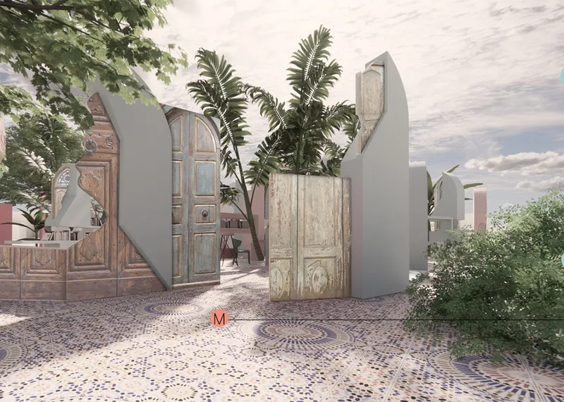 eused doors and sculptural modules form welcoming thresholds within the landscaped reading environment.