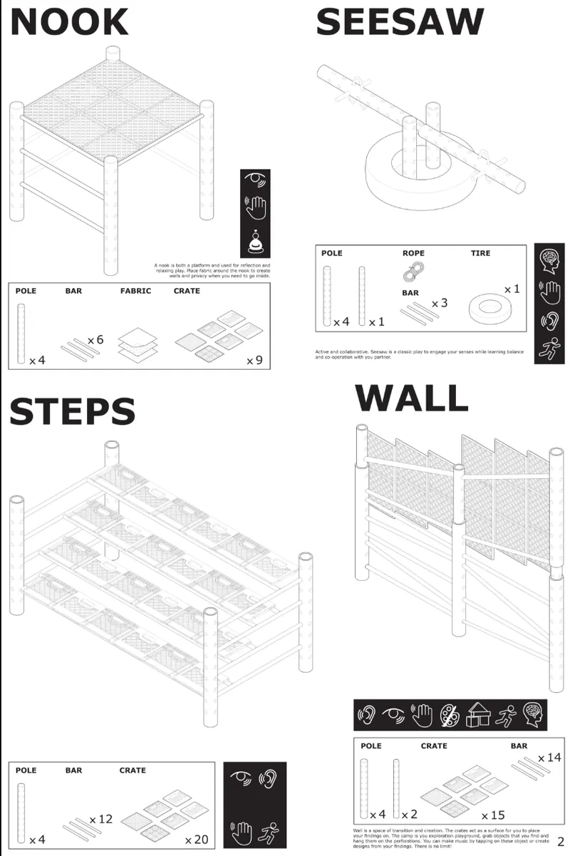 Modular nook, seesaw, steps, and wall designed from simple reusable components.