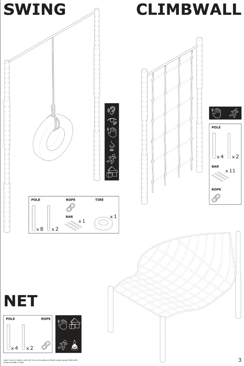Swing, climbing wall, and net modules support movement, balance, and collaborative play.