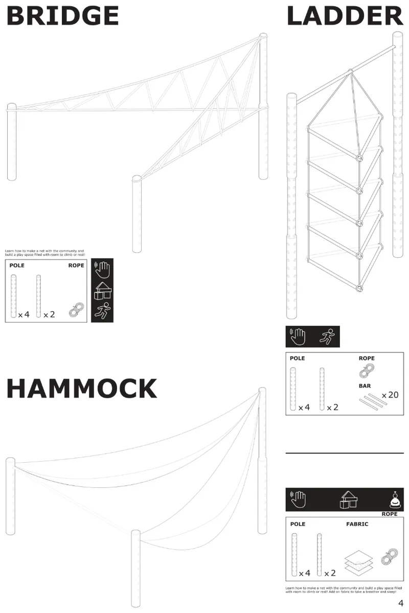 Bridge, ladder, and hammock modules expand the playground through flexible rope and frame assemblies.