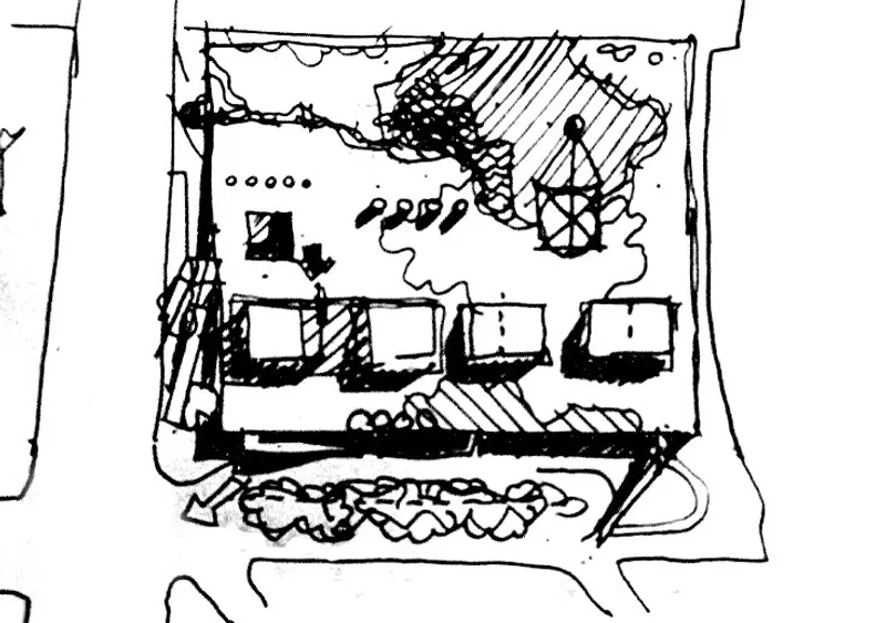 Sketch site plan showing clustered volumes with hatched landscaping around rectangular buildings and curved pathways