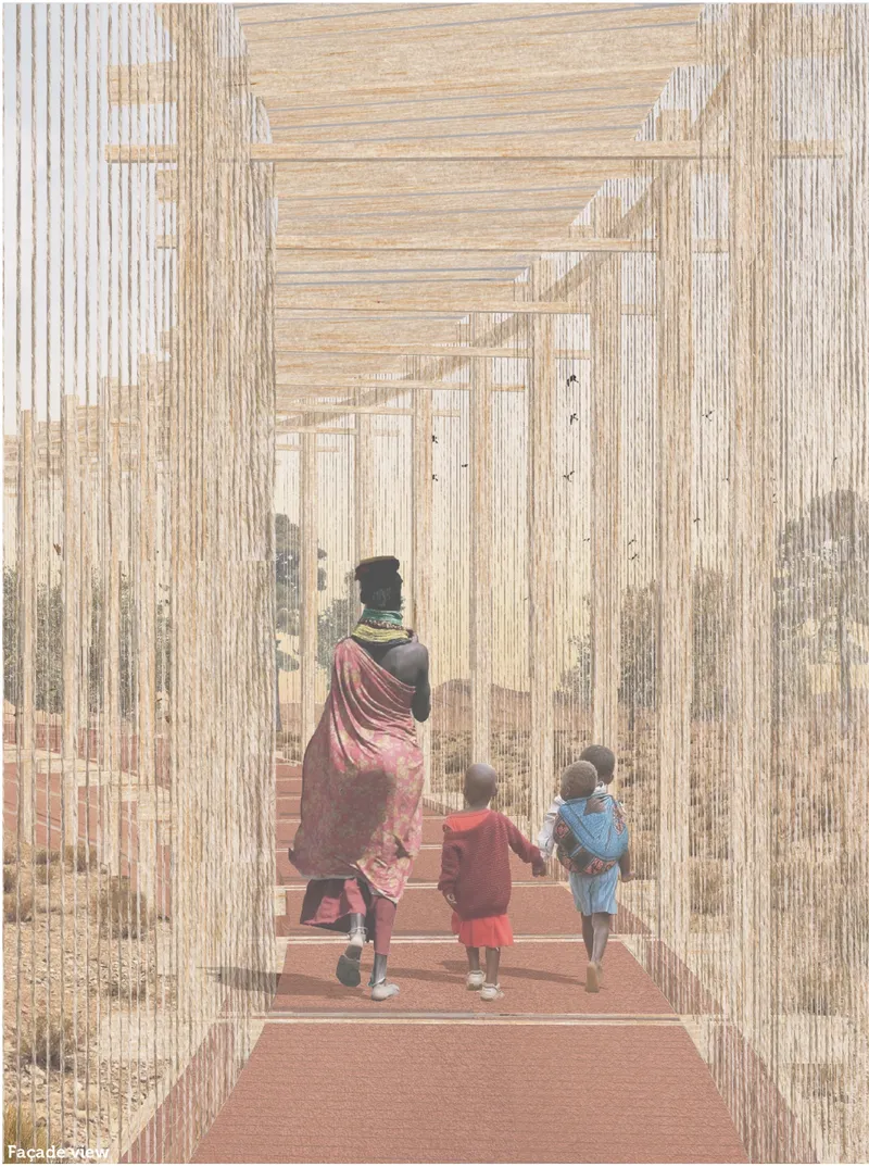 A porous living façade guides the community through a climate-responsive passage of timber, fiber, light, and collected moisture.