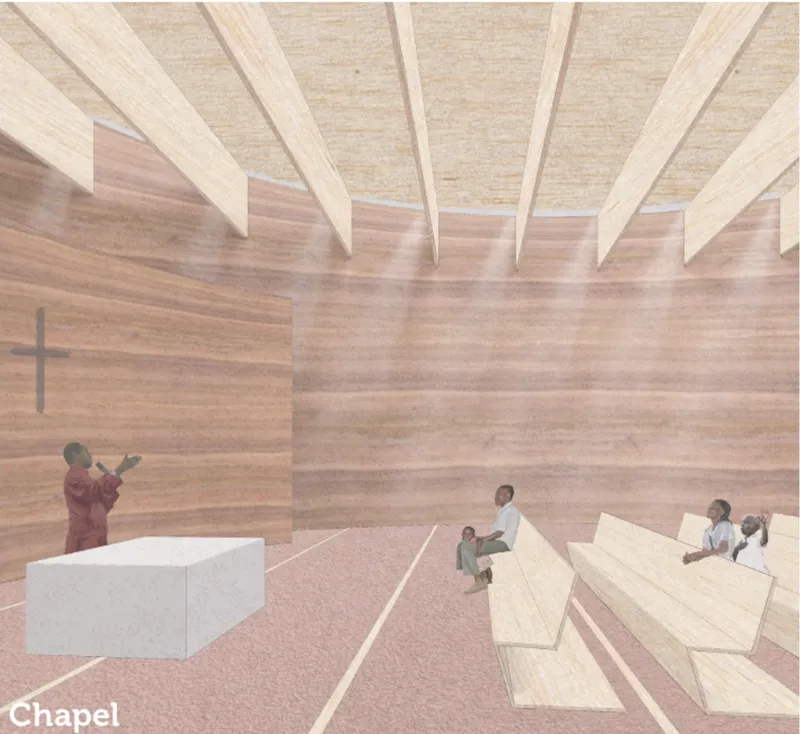 A warm timber chapel interior creates a quiet sacred space for prayer, gathering, and community reflection.