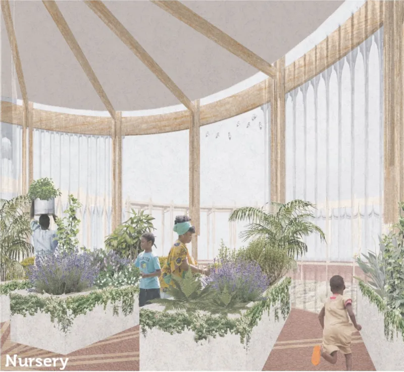 The eatery and gathering area extends the Eco-Chapel into the landscape, supporting daily social life and ecological learning.