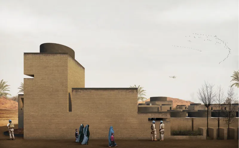 Monumental earthen walls frame a protected threshold into The Sanctum’s resilient community.