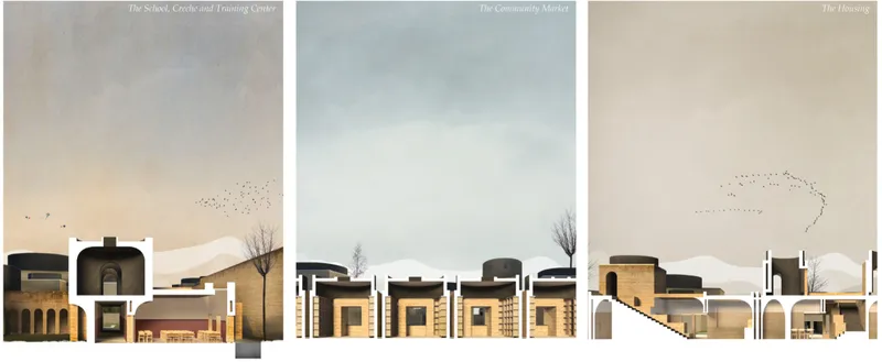Sections illustrate the relationship between education, community markets and climate-responsive housing.