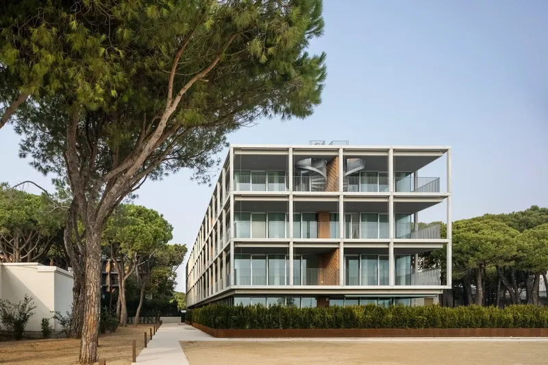 Street view showing the grid facade framed by mature pine trees and a sandy pathway