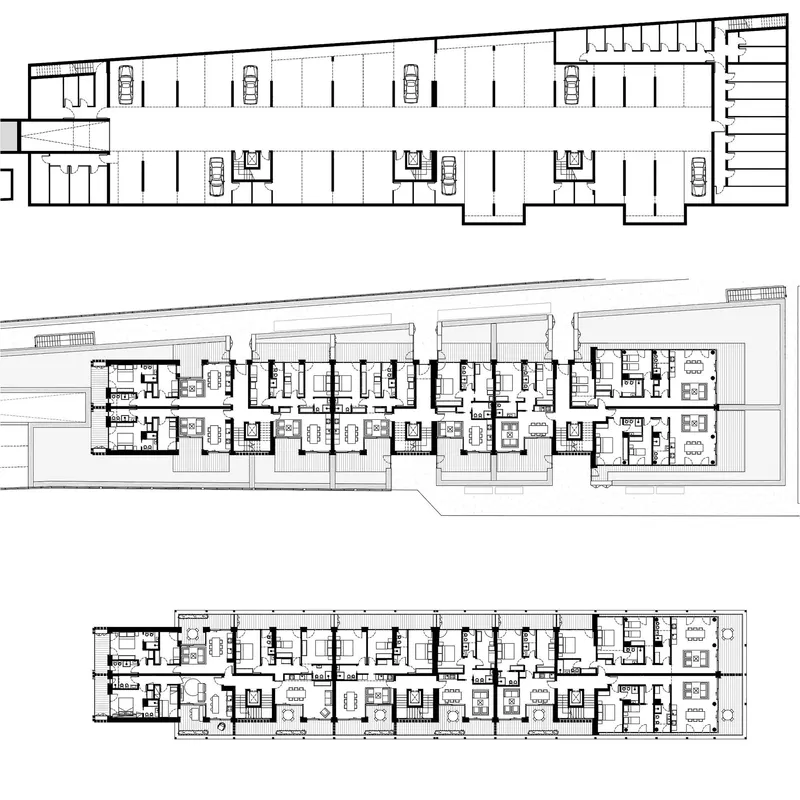 Floor plan drawings showing three levels of residential units with central circulation cores