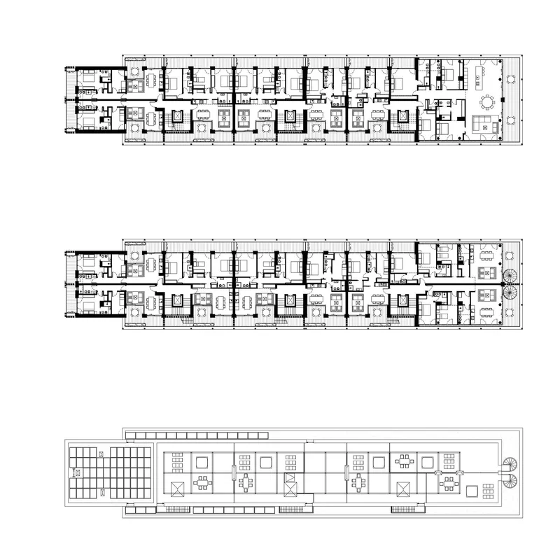 Floor plan drawings depicting upper residential levels and ground floor with pool and common areas