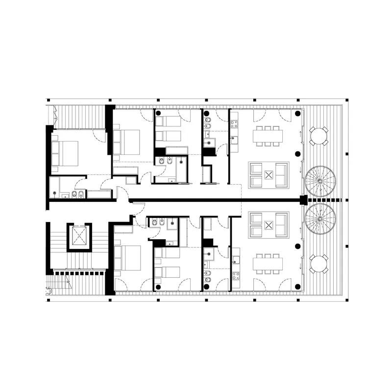 Floor plan drawing showing two residential units with bedrooms, bathrooms and open living spaces with deck access