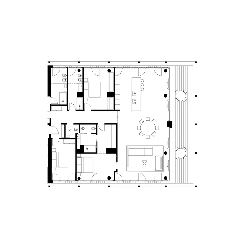 Floor plan drawing showing a single residential unit with open kitchen and dining area adjacent to a deck
