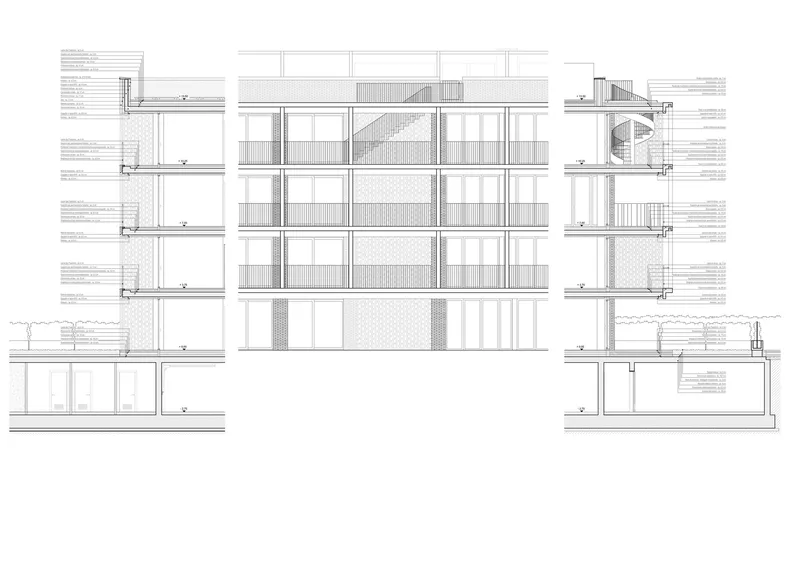 Section drawings showing five views of a multi-story residential building with balconies and material infill patterns