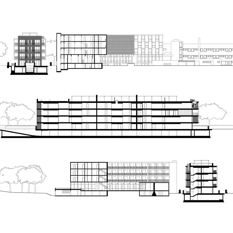 Section and elevation drawings showing multiple views of a multi-story complex with trees in the landscape