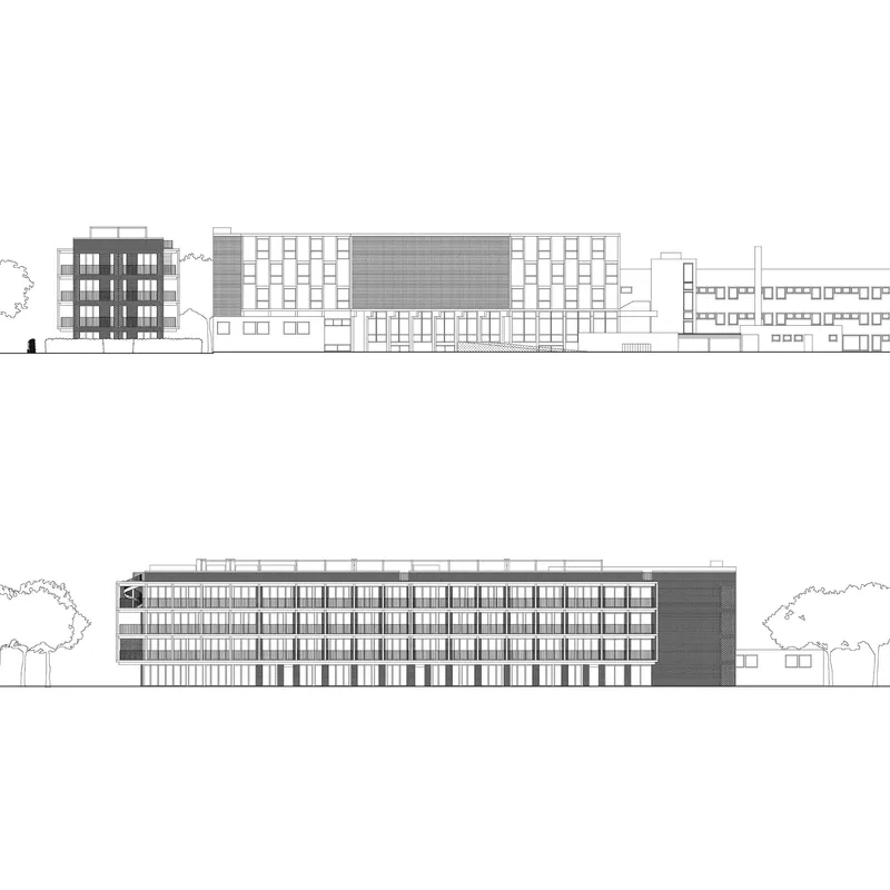 Elevation drawings showing two street views of a multi-story residential complex with gridded facades and trees