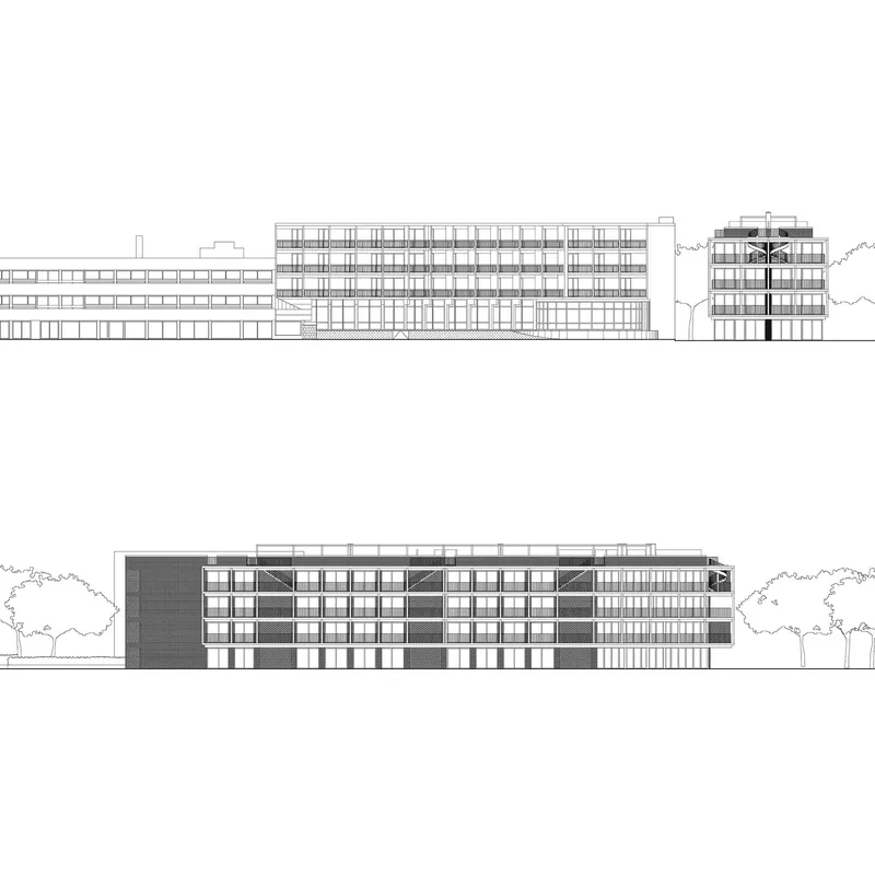 Elevation drawings showing longitudinal views of a multi-story residential building with recessed balconies and flanking trees
