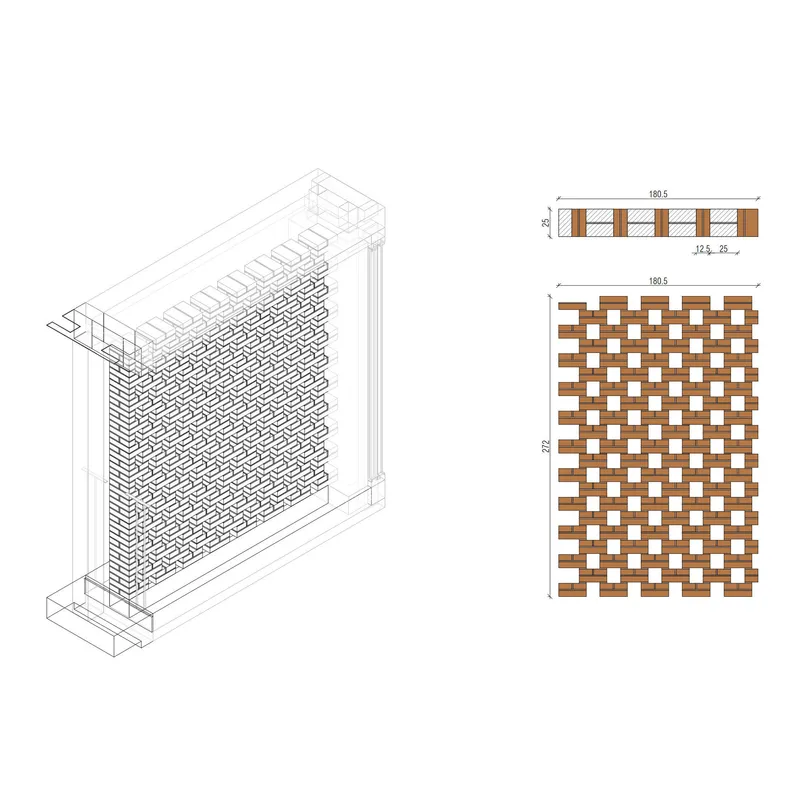 Axonometric drawing and elevation details showing a woven brick screen wall with alternating solid and open coursing
