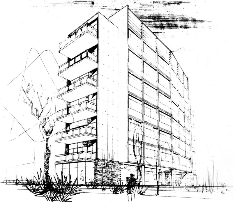 Perspective sketch showing the tower with projecting balconies and landscaping at the base