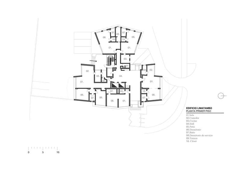 Floor plan drawing showing splayed residential units arranged around a central circulation core