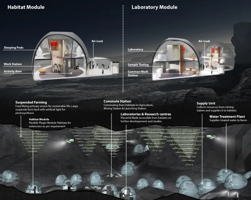 Modular habitats, laboratories and suspended farms form a flexible life-support network for the Frozen Station colony.