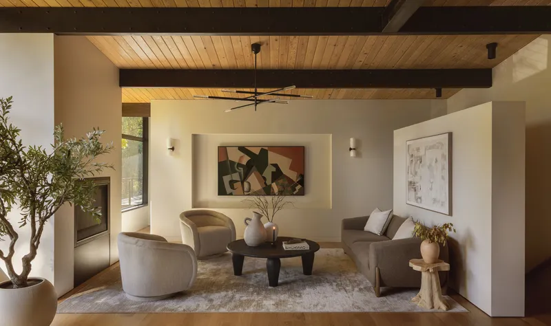 Living room with exposed timber beams and ceiling with potted olive tree beside seating area