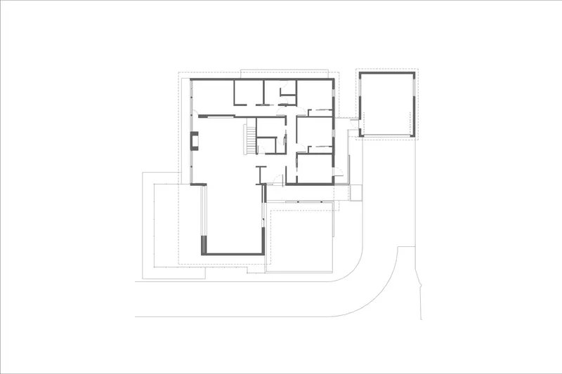 Floor plan drawing showing upper level with stair core and multiple rooms