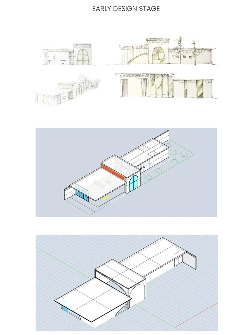 Early design studies showing the café’s evolving form, façade rhythm, and linear spatial organization.