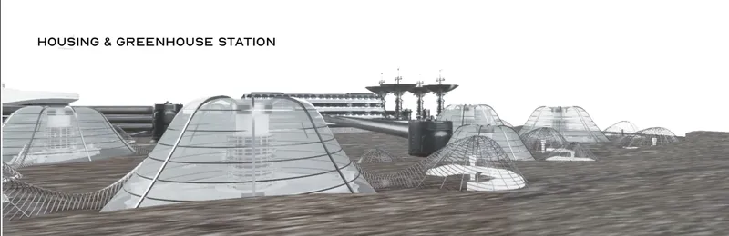 Housing and greenhouse clusters create a sheltered landscape for food production and everyday post-apocalyptic living
