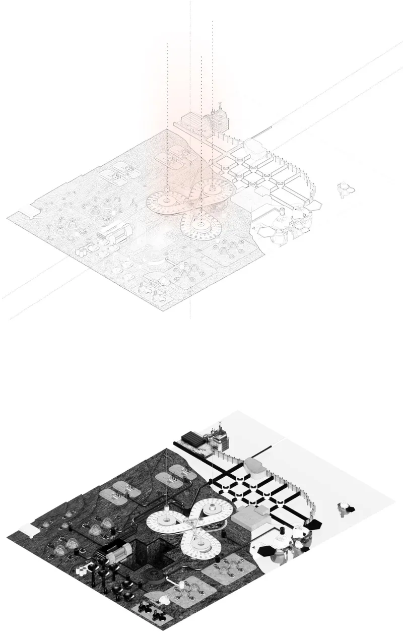 Axonometric overview of Neo-Covenant’s self-sufficient post-apocalyptic habitat and infrastructure network