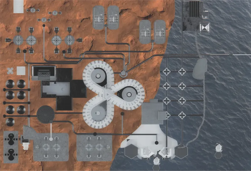 Master plan organizing housing, research, utilities, circulation, and coastal infrastructure into one resilient settlement