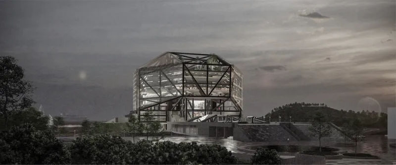Elevated pavilion with exposed steel frame and glass enclosure overlooking water at dusk