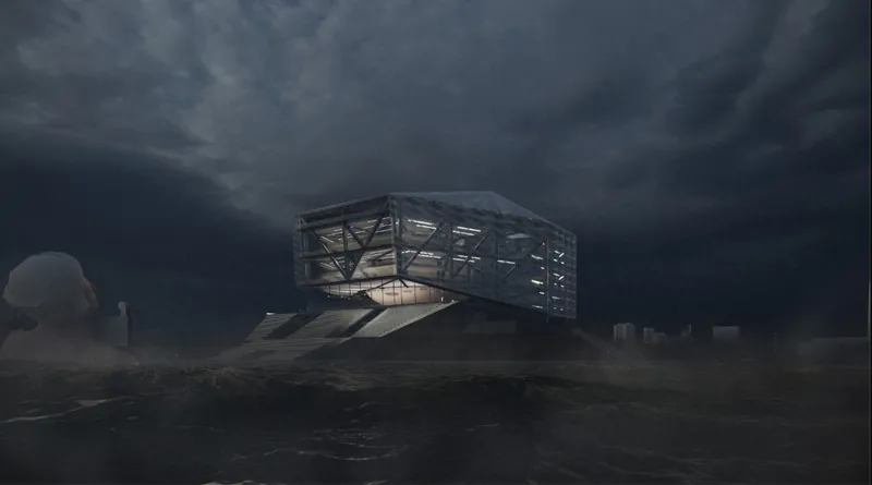 Elevated steel-framed structure with exposed diagonal bracing set against dark storm clouds