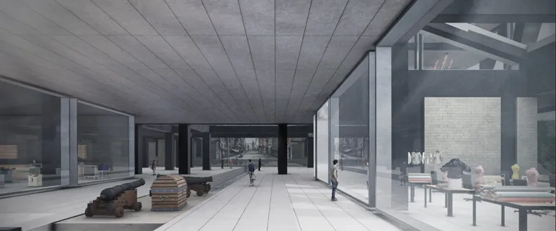 Interior gallery space with tiled ceiling panels and floor-mounted display cases with visitors