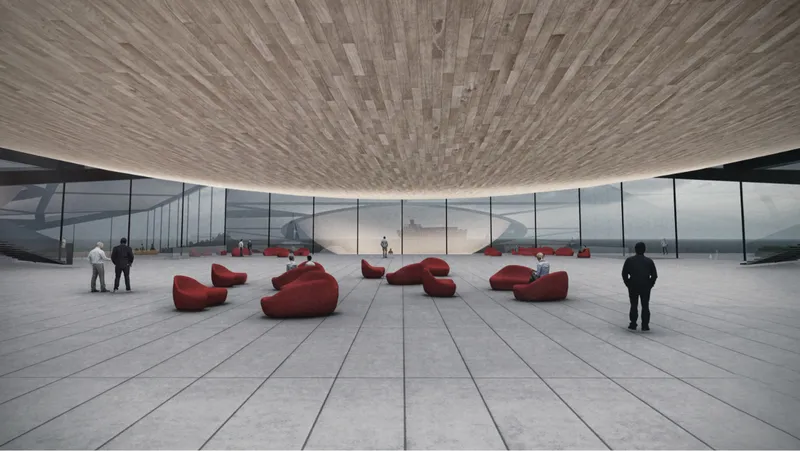 Curved ceiling with radial tile pattern above red sculptural seating and floor-to-ceiling glass walls