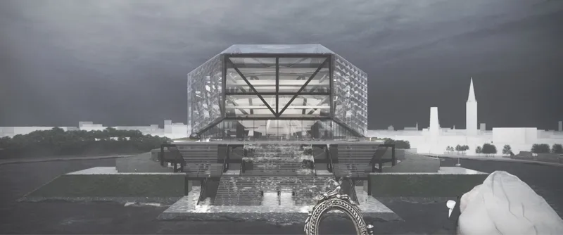 Axial view of the elevated structure with perforated screen facades and stepped water features